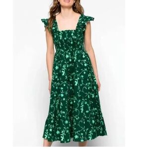 Hill House Ellie Midi Nap Dress, Green Botanical, Sz Large, Smocked Ruffled